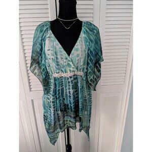 Mushka by Sienna Rose Fairycore Blouse Womens M Tunic Artsy Aqua Beach Sheer Top